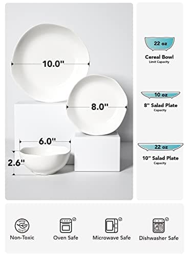 LE TAUCI Dinnerware Sets 12 Piece, Serve for 4, Ceramic Plates and Bowls Set (10" Dinner Plates + 8" Salad Dish + 22 oz Bowl) x 4, White - Image 3