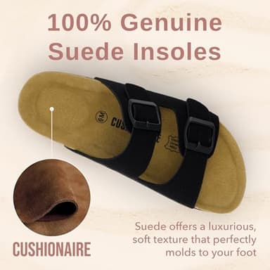 CUSHIONAIRE Lane Cork Footbed Sandals for Women – Comfortable Double Buckle Slip-On with Genuine Suede Footbed & Arch Support Slides for Women Footwear, BLACK 11W - Image 3