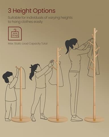 VASAGLE Solid Wood Coat Rack, Free Standing Hall Coat Tree with 7 Hooks, 3 Height Options, for Coats, Hats, Bags, Purses, for Entryway, Hallway, Rubberwood Hooks and Pole, Natural Beige URCR007N01 - Image 5