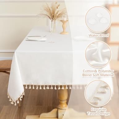 MYSKY HOME White Table Cloth Rectangle, Rectangular Table Cloth, Wrinkle Resistant, Waterproof Tablecloth, Washable Farmhouse Tablecloths, Table Cloths with Tassels for Kitchen Dining, 55"X102" - Image 4