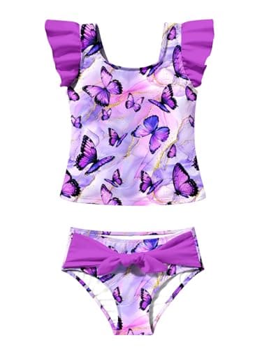 Girls Tankini Swimsuit Butterfly Bathing Suits Summer Two Piece UPF 50 Beach Sport Swimwear with Bowknot 8-12 Years - Image 1
