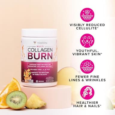 Multi Collagen Burn: MultiType Hydrolyzed Protein Peptides with Hyaluronic Acid, Vitamin C, SOD B Dimpless, Types I, II, III, V and X, with Caffeine 30 Servings Tropical Punch Flavored - Image 9