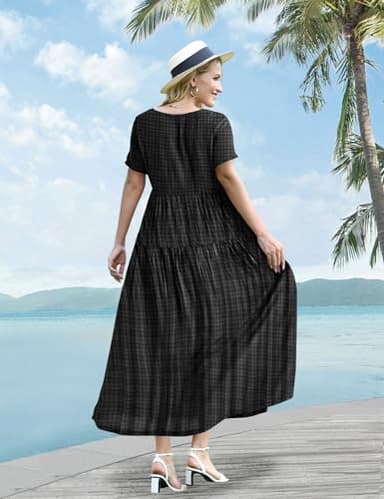 YESNO Women Casual Loose Bohemian Floral Dress with Pockets Short Sleeve Long Maxi Summer Beach Swing Dress (M EJF Solid C Black) - Image 3