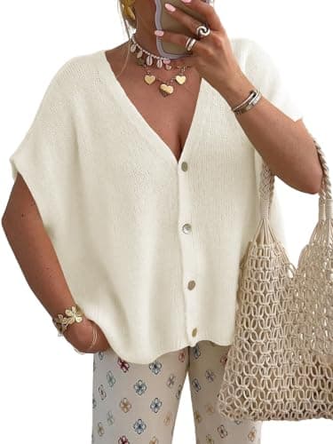 Saodimallsu Womens Fall Oversized Cardigans Batwing Short Sleeve Lightweight Button V Neck Casual Knit Sweater Tops White - Image 1