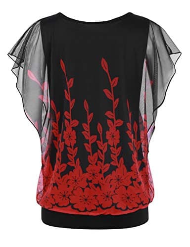 BAISHENGGT Women's Printed Flouncing Flared Short Sleeve Mesh Blouse Top X-Large Red Floral - Image 2
