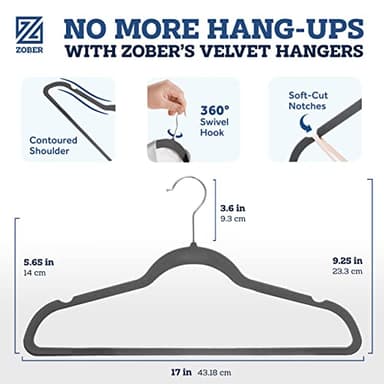 Zober Velvet Hangers 50 Pack - Heavy Duty Gray Hangers for Coats, Pants & Dress Clothes - Non Slip Clothes Hanger Set - Space Saving Felt Hangers for Clothing - Image 3
