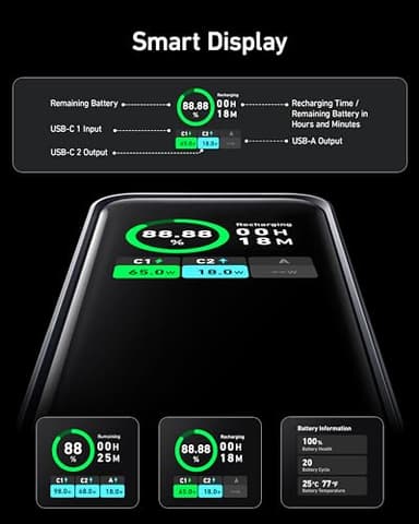 Anker Prime Power Bank, 20,000mAh 200W Portable Laptop Charger for Travel, TSA-Approved, Smart Digital Display, 2 USB-C and 1 USB-A Port, for iPhone 16/15/14 Series, Samsung, MacBook, and More - Image 6