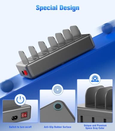 CREATIVE DESIGN 50W Charging Station for Multiple Devices,6 Port Multiple USB Charger Station with 6 Cables Compatible with iPhone,iPad Kindle Tablet and Other Electronic（Space Gray - Image 4