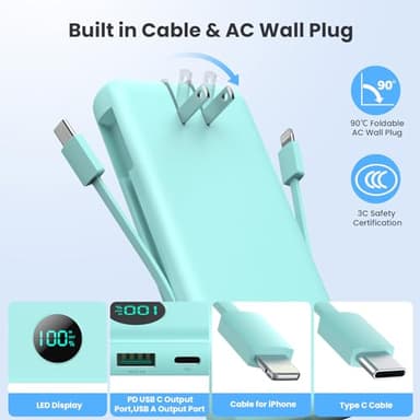 Portable Charger 33800mAh USB C Power Bank with Built-in Cables & AC Wall Plug,25W Fast Charging+QC 4.0 Phone Charger,4 Output LCD Display Battery Pack Compatible with iPhone16/15,Samsung,Android etc - Image 5
