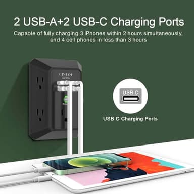 USB Wall Charger, Surge Protector, QINLIANF 5 Outlet Extender with 4 USB Charging Ports (4.8A Total) 3-Sided 1680J Power Strip Multi Plug Outlets Wall Adapter Spaced for Home Travel Office(2U2C),Black - Image 4