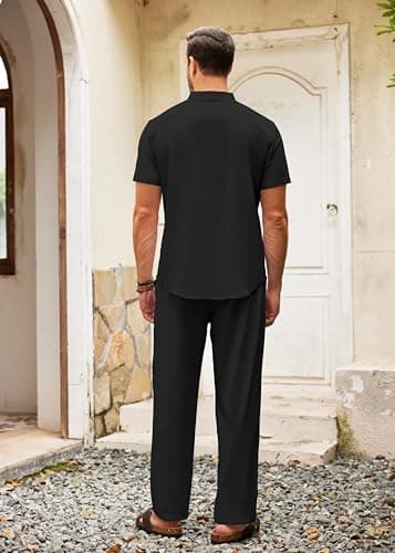 COOFANDY Men's Cotton Linen Sets 2 Piece Casual Navy Blue Henley Shirt Short Sleeve Beach pants with Pockets Outfits - Image 8