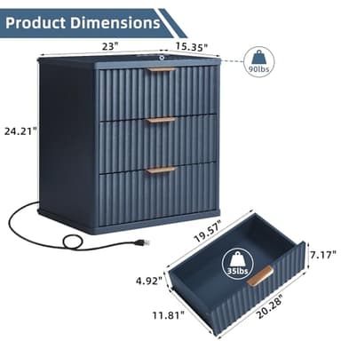 LEYAOYAO 23" Wide Fluted Night Stand with Charging Station, 3 Drawers Large End Table with Storage, Navy Blue Nightstand Wood Bedside Tables, Farmhouse Cabinet Dresser for Bedroom,Closet - Image 2