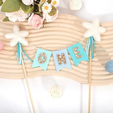 Felt Bunting Gold Glitter Cake Topper - First Birthday Party Decorations,1st Star Glitter Cake Bunting Topper,One Year Old Photo Prop (Blue One) - Image 7