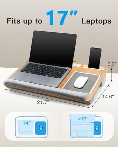 HUANUO Lap Desk - Fits up to 17 inches Laptop Desk, Built in Mouse Pad & Wrist Pad for Notebook, Laptop, Tablet, Lap Stand with Tablet, Pen & Phone Holder (Wood Grain) - Image 3