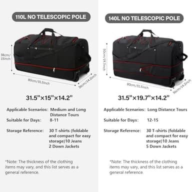 Vomgomfom 32" Soft-Sided Foldable Wheeled Travel Duffel Bag,Expandable 110L to 140L Rolling Cargo Bag with 2 Wheels and Multiple Pockets,Black-red - Image 3