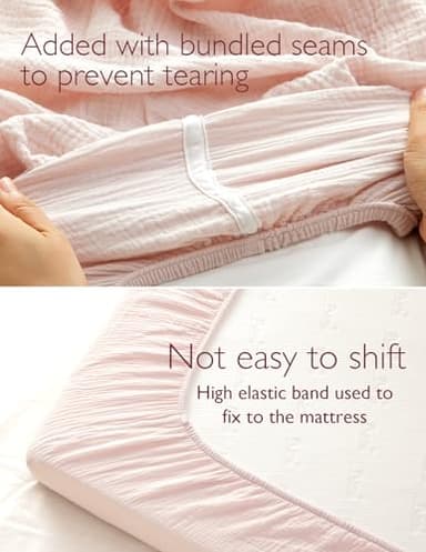 Momcozy Muslin Fitted Mini Crib Sheets, 38"x26", 2 Pack Soft Breathable Natural Cotton Baby Mattress Sheet, 360° Mattress Wrapping No Slip Boys Girls Neutral Toddler Bed Sheet, Beige Blush - Image 4