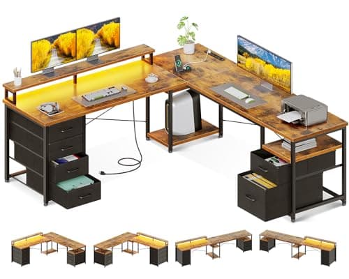 AODK 66" L Shaped Computer Desk, 113“ Reversible Home Office Desk with File Cabinet & 4 Fabric Drawers, Two Person Desk with LED Lights & Power Outlet, Corner Gaming Desk with Monitor Shelf, Vintage - Image 1