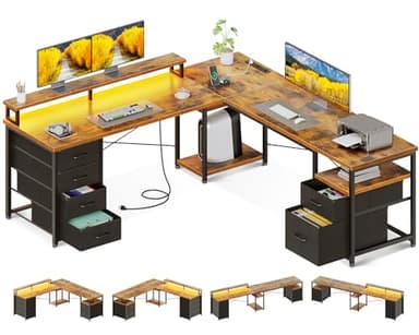 AODK 66" L Shaped Computer Desk, 113“ Reversible Home Office Desk with File Cabinet & 4 Fabric Drawers, Two Person Desk with LED Lights & Power Outlet, Corner Gaming Desk with Monitor Shelf, Vintage - Image 1