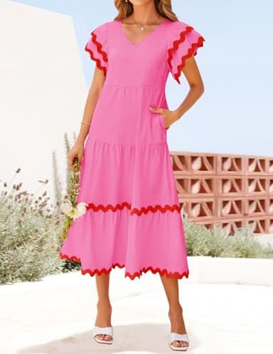 ZESICA Womens 2025 Summer Casual Midi Dresses V Neck Flutter Short Sleeve Ruffle Tiered A Line Flowy Beach Long Dress,Rose,X-Large - Image 7