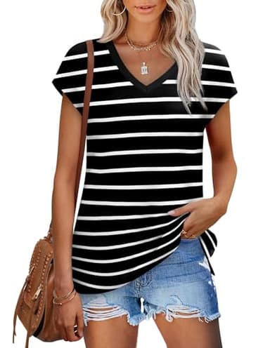 Black and White Striped Shirt Women Cap Sleeve 2024 Summer Tops Trendy Tank Tops V Neck Loose Fit Shirts XL - Image 1