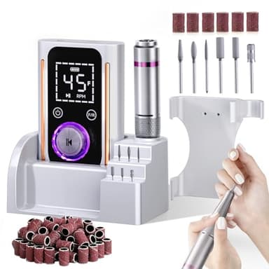 Nail Drill, Portable Electric Nail File 45000RPM, Rechargeable Nail Drill Professional with Bits & Base, for Acrylic Gel Nails, E-File Machine, Manicure Polishing, for Salon Home, White - Image 1