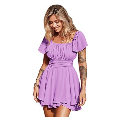 EXLURA Women's 2023 Summer Ruffle Short Sleeve Tie Back Rompers Square Neck A-Line Flowy Wide Leg Cute Dressy Mini Jumpsuits - Image 1