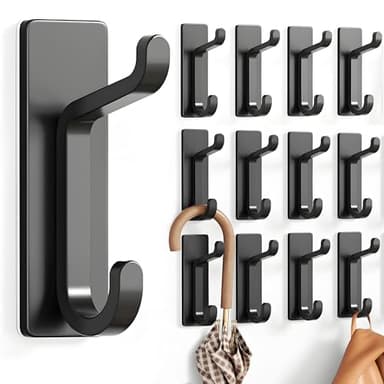 pickpiff 12 Pack Wall Hooks for Coat and Towel: 13LB Adhesive Door Hanger Stick on, Black - Image 1