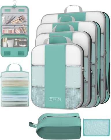 8 Set Compression Packing Cubes for Travel Essentials,Compressible Expandable Packing Cubes for Suitcase,OlarHike Luggage Organizer Bags for Travel,Handy Helper for Organizing Clothes(New Blue Green) - Image 1