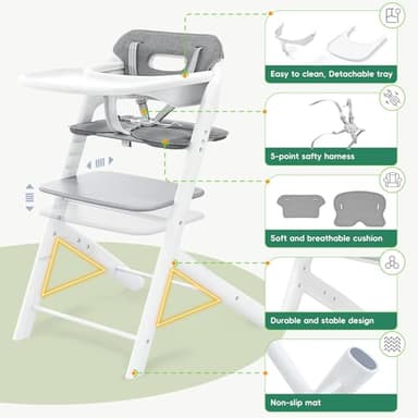 (2025 New) Adjustable Baby High Chair with 5‑Point Safety Harness, Cushion & Removable Tray. Adjustable Seat and Footrest Heights for Children 6+ Months - Image 2