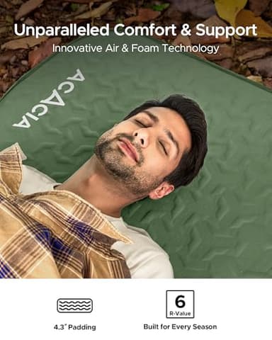 ACACIA 4.3" Thick Self Inflating Sleeping Pad with Foam | Innovative Y-Shaped Telescopic Structure | Ultraportable Camping Mattress | Outdoor Compact Air Mat for Tent Car | Full - Image 2