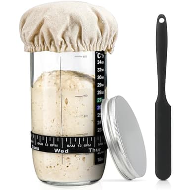 Sourdough Bread Baking Supplies,24 oz Sourdough Starter Jar Glass, Sourdough Starter Kit with Date Marked Feeding Band, Thermometer, Silicone Scraper, Sewn Cloth Cover & Aluminum Lid, Sourdough Jar - Image 1