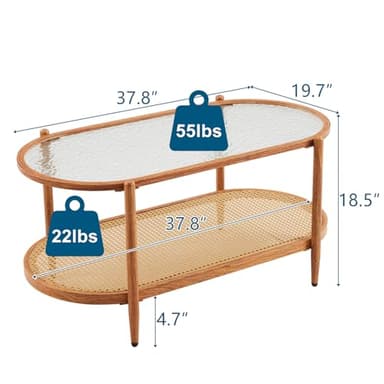 VINGLI 38" Rattan Oval Coffee Table, Water-Wave Glass Metal Center Table, Modern Coffee Table with 2-Tier Storage, Farmhouse Coffee Table for Living Room and Small Space, Natural Vibe - Image 2