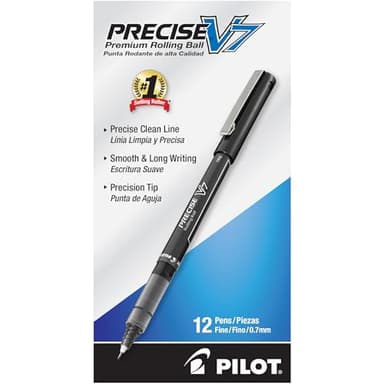 Pilot, Precise V7, Capped Liquid Ink Rollerball Pens, Fine Point 0.7 mm, Black Ink Pens, Pack of 12 - Ideal for School, Journaling & Office Writing - Image 1