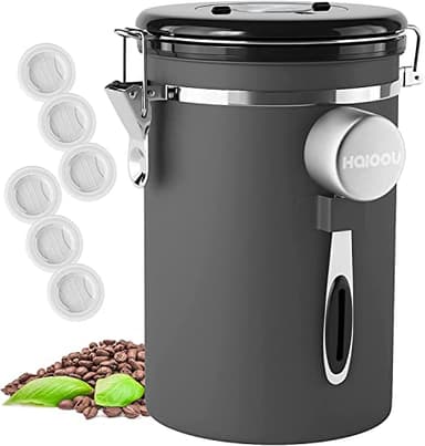 HAIOOU Airtight Coffee Canister, 22OZ Large Stainless Steel Coffee Bean Storage Container with Date Tracker, Measuring Scoop, CO2 Releasing Valves and Mini Tongs for Beans, Grounds and more - Gray - Image 1