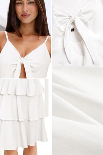VOTEPRETTY Womens 2025 Summer Dress Midi V Neck Tie Front Casual Spaghetti Strap Vacation Tiered Ruffle Sundress(Light White,L) - Image 7