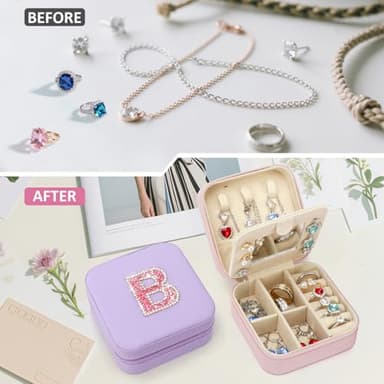 Nuozme Bling Sparkly Initial Jewelry Case,Personalized Gifts for Teen Girls,Kids,Women,Brides, Bridesmaids, Glitter Rhinestone Travel Jewelry Box,Easter Birthday Christmas Gifts, Small Size (Purple A) - Image 5
