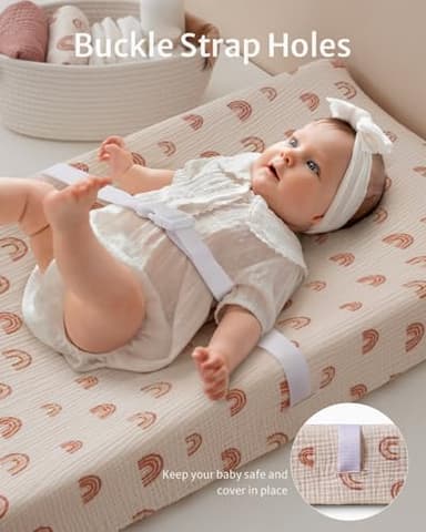 Blissful Diary Muslin Changing Pad Cover for Girls Boys, Ultra Soft Breathable Cotton, Baby Diaper Change Table Pad Covers, 2Pack (Dusty Pink&Rainbow) - Image 3