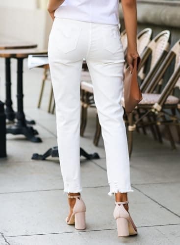 EVALESS White Womens Jeans Stretch Boyfriend Ripped Distressed Frayed Raw Straight Ankle Hem Denim Pants Tummy Control Size 10 - Image 5