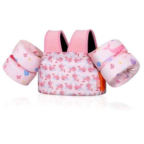 MoKo Toddler Swim Vest for Kids, Swim Arm Floaties 22-66lbs Cartoon Swimming Water Wings Pool Float Vests Sleeves Shoulder Straps Arm Band for Children Learn to Swim, Pink & Whale - Image 1