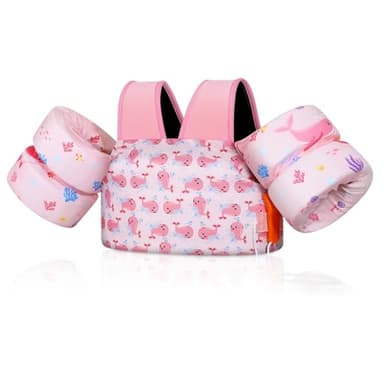 MoKo Toddler Swim Vest for Kids, Swim Arm Floaties 22-66lbs Cartoon Swimming Water Wings Pool Float Vests Sleeves Shoulder Straps Arm Band for Children Learn to Swim, Pink & Whale - Image 1