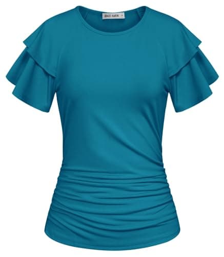 GRACE KARIN Women Dressy Tops Business Casual Tops Office Shirts Short Sleeve Trendy Tops Peacock Blue L - Image 1