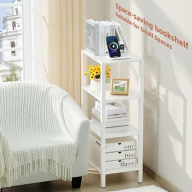 YUFAM 4 Tier Tall Wooden Bookshelf with Storage - Small White Bookcase for Small Spaces, Shelf for Living Room, Office, Bedroom, Kitchen - Industrial Modern Book Shelf - Image 5