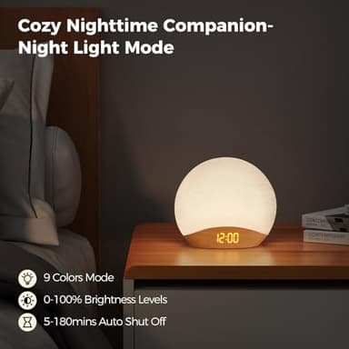HOUSBAY Sunrise Alarm Clock Sound Machine, Wake Up Light- Soothing Sleep Sounds, Gentle Sunrise Alarm, Dimmable Night Light, Digital Clock & White Noise for Sleeping, Bedroom (Full Wooden Tone) - Image 6