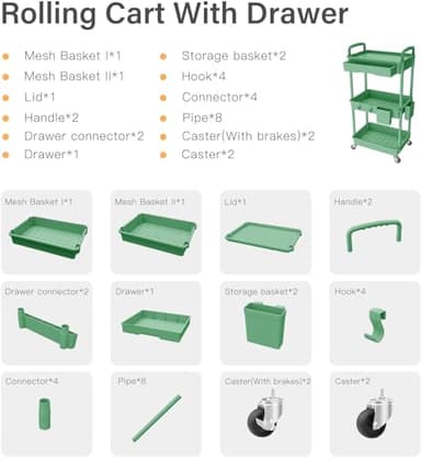 Sorgion 3 Tier Rolling Cart Organizer,Laundry Room Bathroom Organizers and Storage Office Shelves Mobile Shelving Unit Kitchen Trolley Cart with Wheels for Art,Craft,Diaper,Bedside,Snack(Green) - Image 7