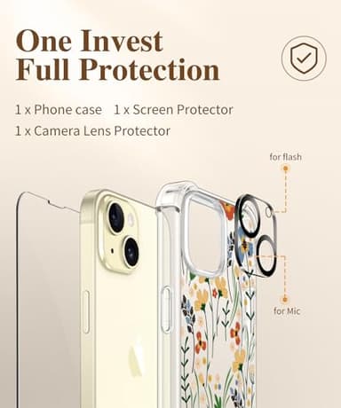 GVIEWIN for iPhone 15 Case, [3 in 1] with Screen Protector & Camera Lens Protector, Clear Soft Shockproof Slim Fit Floral Phone Cover for Women Girls 2023 6.1" (Blooming Flowerets/Orange) - Image 7