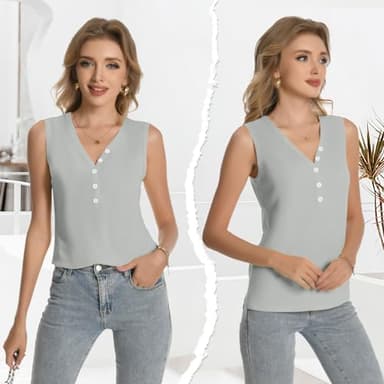Chuhee Womens Sexy V Neck Tank Tops Sleeveless Button Henley Shirts Button Ribbed Cami Top Blouses Going Out T Shirt Grey XL - Image 4