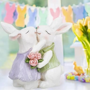 Hodao Easter Bunny Couple Decorations Spring Rabbit Figurines Valentine Day Tabletop Decor for Party Home Holiday Cute Rabbit Easter Day Couple Gifts in White - Image 4
