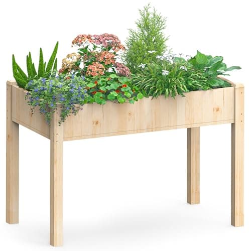 DUMOS Raised Garden Bed with Legs, 48x24x30in Wood Elevated Planter Box w/Bed Liner for Herbs Flowers Vegetables, 300lbs Capacity Outdoor Gardening Planters for Patio Balcony Backyard, Natural Wood - Image 1
