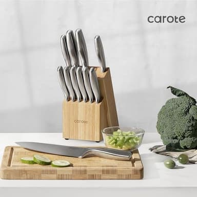 CAROTE 12 Pieces Knife Set, Stainless Steel Kitchen knife Set with Wooden Block, Block Knife Set with High Carbon Steel Blades, Razor-Sharp, Dishwasher Safe - Image 9