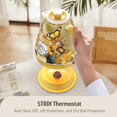 Hazel Quinn X Eduardo Recife Electric Kettle - 1200W Fast Water Boiling, 1.7L/57oz, All 304 Stainless Steel Interior, BPA-Free, Auto Shut-Off, Cordless Retro Teapot with Thermometer - Floral Patterned - Image 7